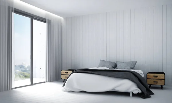 モダンなベッドルームのインテリア デザインと白の壁背景と市を見る — ストック写真
