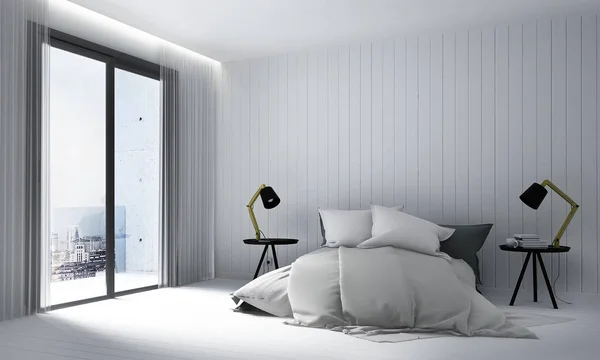 モダンなベッドルームのインテリア デザインと白の木の壁の背景 — ストック写真
