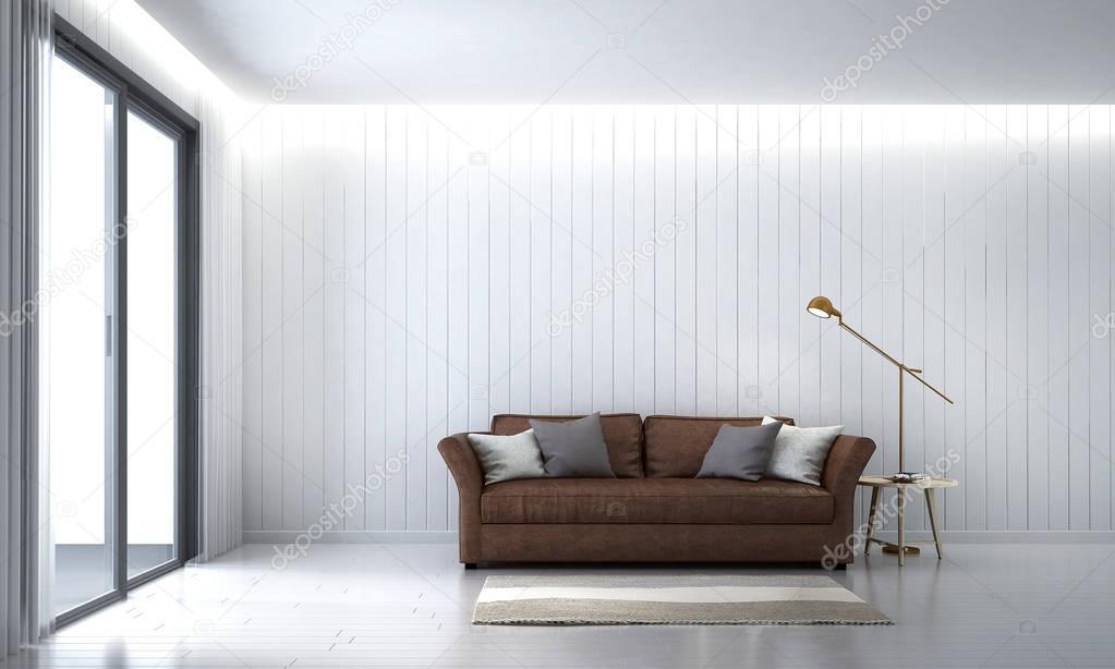 The minimal lounge and living room interior design and white wood wall background