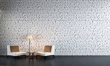 Modern oturma odası iç tasarım ve beyaz tuğla duvar doku arka plan 