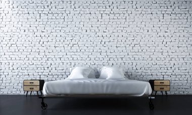 İç tasarım, modern yatak odası ve beyaz tuğla duvar arka plan