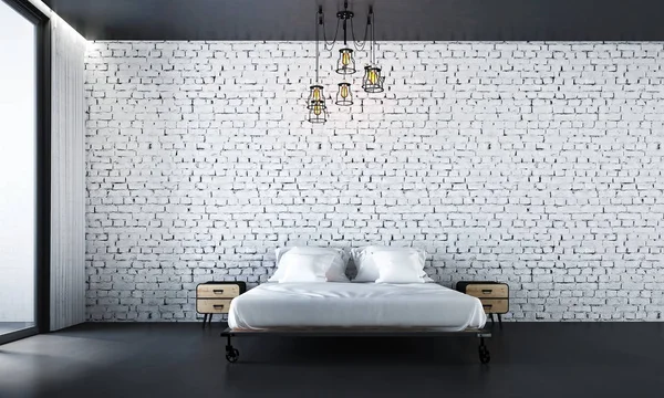 Het Binnenlandse Ontwerp Van Moderne Slaapkamer Witte Bakstenen Muur Achtergrond — Stockfoto