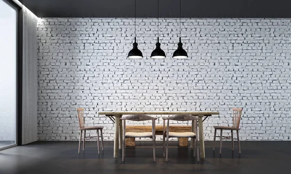 Inteior Design Dining Room Dining Table Brick Wall Background Texture — Stock Photo, Image