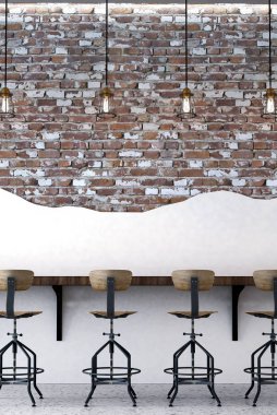 Çatı katı yemek odası ve yemek masası ve kırmızı ve beyaz tuğla duvar arka plan doku inteior tasarımı 