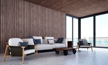 3d render iç tasarım konsepti fikir oturma odası ve ahşap arka plan doku duvar