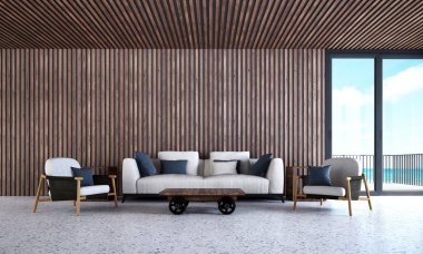 3d render iç tasarım konsepti fikir modern oturma odası ve ahşap duvar arka plan doku ve Deniz Manzaralı