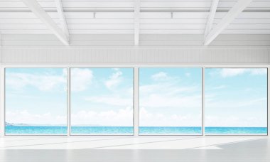 Boş beyaz oda ve deniz görünümü arka plan iç tasarım 