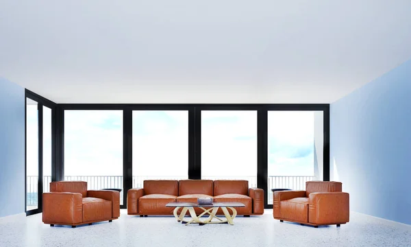 Interior Design White Living Room Red Sofa Sea View Background — Stock Photo, Image