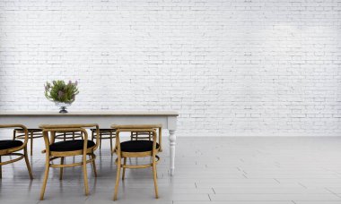 İç tasarım konsepti fikirlerini en az yemek odası ve tuğla duvar doku arka plan 