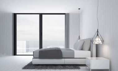 3D render iç tasarım yatak odası ve ahşap duvar doku arka plan 