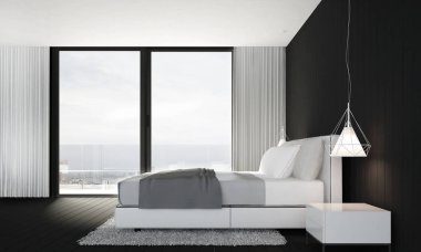 3D render iç tasarım modern yatak odası ve siyah duvar doku arka plan 