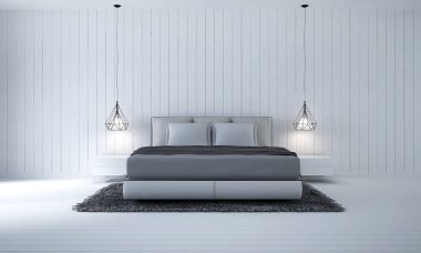 3D render iç tasarım modern yatak odası ve Beyaz ahşap duvar doku arka plan 