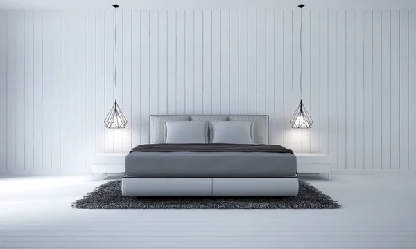モダンなベッドルームと白い木製の壁テクスチャ背景の レンダリング インテリア デザイン — ストック写真