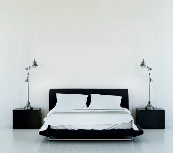 モダンなベッドルームと木製の壁テクスチャ背景の レンダリング インテリア デザイン — ストック写真