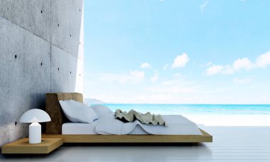 İç tasarım fikir kavramı modern yatak odası ve beton duvar desen arka plan ve Deniz Manzaralı