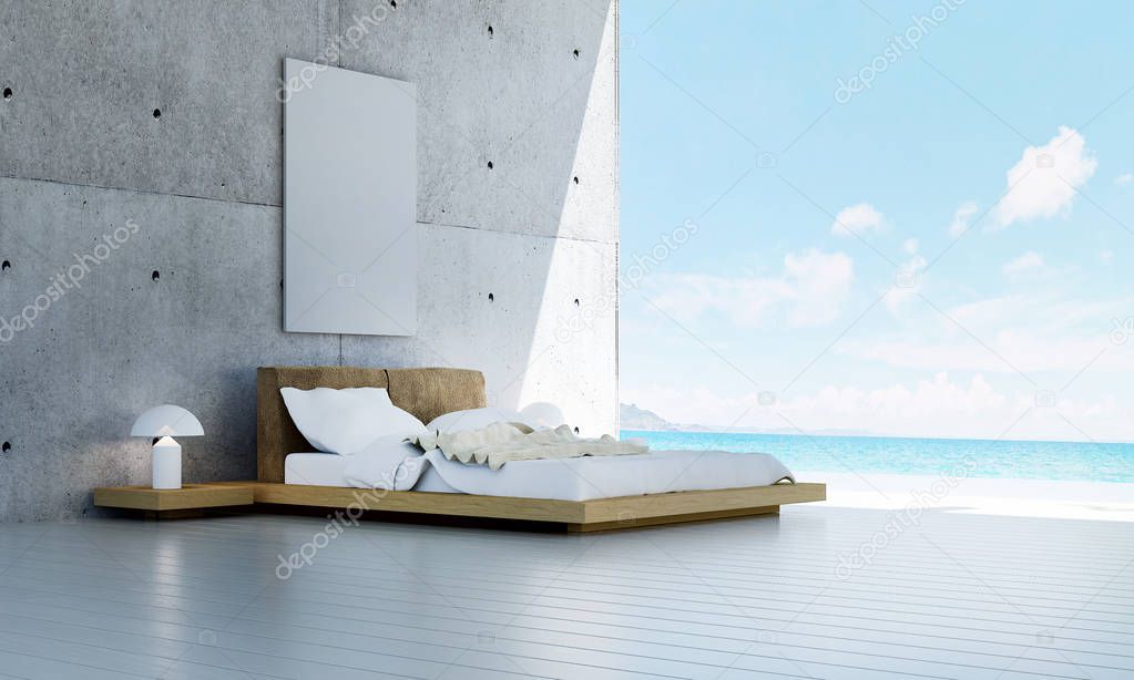 The interior design idea concept of modern bedroom and concrete wall pattern background and picture frame and sea view