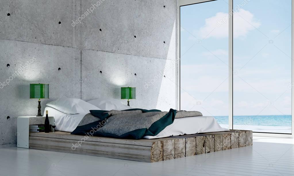 The bedroom interior design and concrete texture wall background and sea view