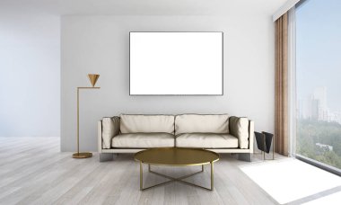 Oturma odası iç tasarım ve beyaz duvar doku arka plan ve resim çerçeve 