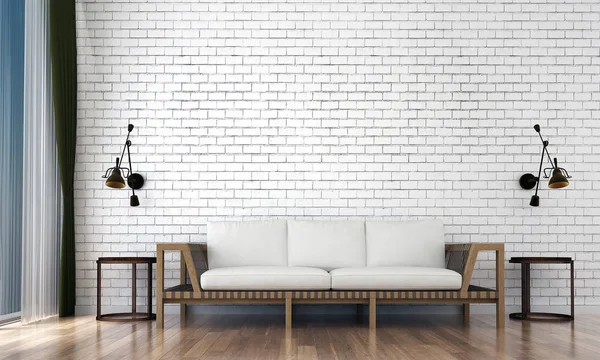 Modern oturma odası iç tasarım ve beyaz tuğla duvar doku arka plan 
