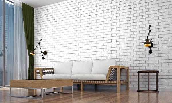Het Interieur Van Woonkamer Witte Bakstenen Muur Textuur Achtergrond — Stockfoto