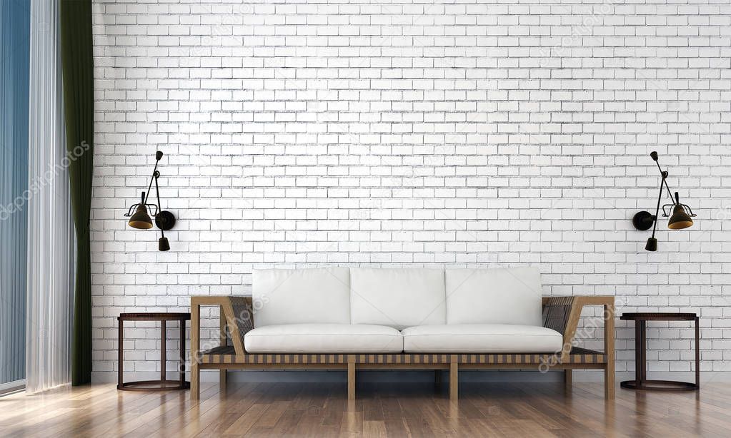 The modern living room interior design and white brick wall texture background 