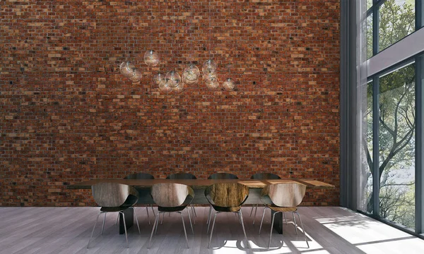 Design Intérieur Moderne Salle Manger Loft Fond Motif Mur Briques — Photo