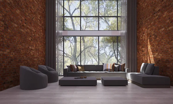 Interior Design Living Room Red Brick Wall Pattern Design Garden — Stock Photo, Image