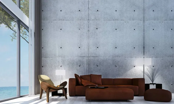 Interior Design Minimal Living Room Concrete Wall Pattern Design Sea — Stock Photo, Image