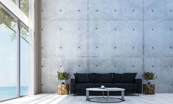 Interior Design Living Room Concrete Wall Pattern Design Sea View — Stock Photo, Image