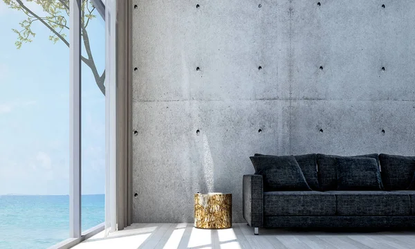 The interior design of minimal living room and concrete wall pattern design and sea view background