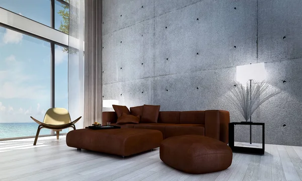 거실과 콘크리트 바다의 인테리어 디자인 — 스톡 사진
