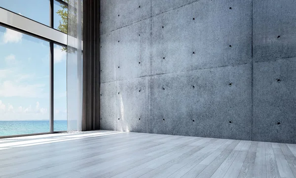 Boş oturma odası ve beton duvar desen tasarım ve deniz görünümü arka iç tasarım