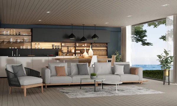 Modern Çatı Katı Yemek Odasının Boyutlu Tasarımı Tasarım Deniz Manzaralı — Stok fotoğraf
