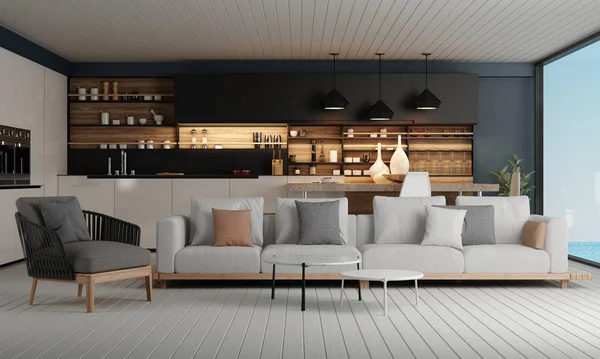 Rendering Modern Minimal Living Dining Room Interior Design Sea View — Stock Photo, Image