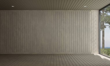 Modern Akdeniz oturma odası iç tasarım ve ahşap duvar arka planı ve deniz manzarası