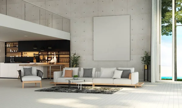 Modern Mediterranean Living Room Interior Design Concrete Wall Background Sea — Stock Photo, Image