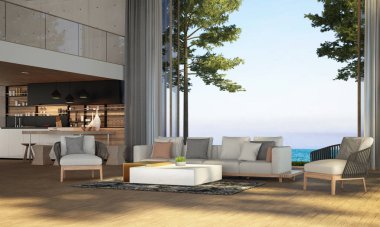 Modern bir oturma odası iç mimarisi ve deniz manzaralı arka plan ve yazın gün batımı.