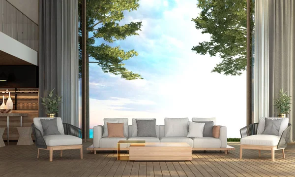 Modern Luxury Loft Living Room Interior Design Sea View Background — Stock Photo, Image