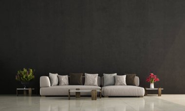 İskandinav oturma odası bütünsel tasarım ve siyah beton duvar dokusu arka planı