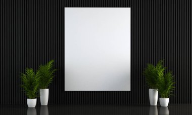 boş siyah oturma odası bütünsel tasarım ve ahşap duvar dokusu arkaplan ve resim çerçevesi