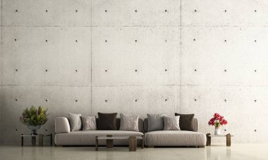 İskandinav oturma odası bütünsel tasarım ve beton duvar dokusu arka planı