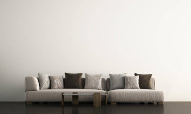 İskandinav beyaz oturma odası bütünsel tasarım ve beton duvar dokusu arka planı