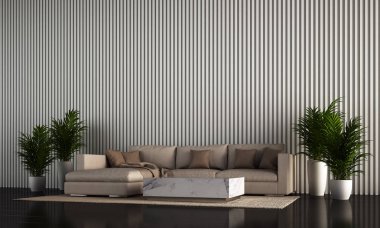 Modern beyaz oturma odası ve ahşap duvar arka planının iç tasarım konsepti.