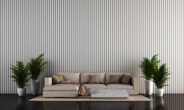 Modern oturma odası ve ahşap duvar arka planının iç tasarım konsepti.