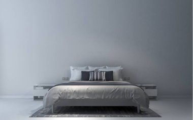 Yatak odası iç tasarımı ve beton duvar arka planı 