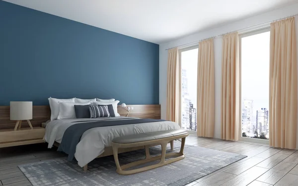 Diseño Interior Dormitorio Moderno Textura Pared Azul Patrón Fondoy Vista — Foto de Stock
