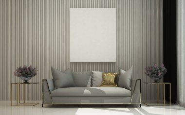 Modern konforlu oturma odası ve beyaz fayans duvar dokusu arka planının iç tasarımı 