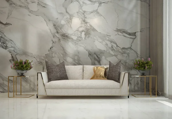 现代舒适客厅的室内设计与白色大理石墙体背景 — 图库照片