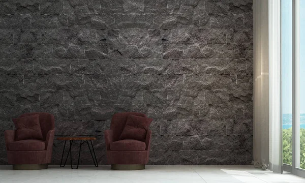 The interior design of lounge and living room and sofa set and stone wall texture background