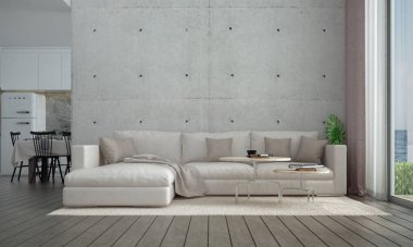 Modern oturma ve yemek odası iç tasarım ve beton duvar